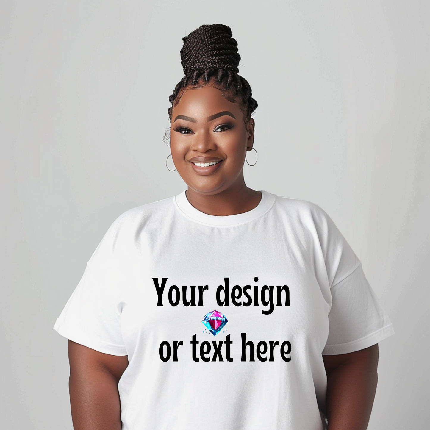 woman in custom white tshirt