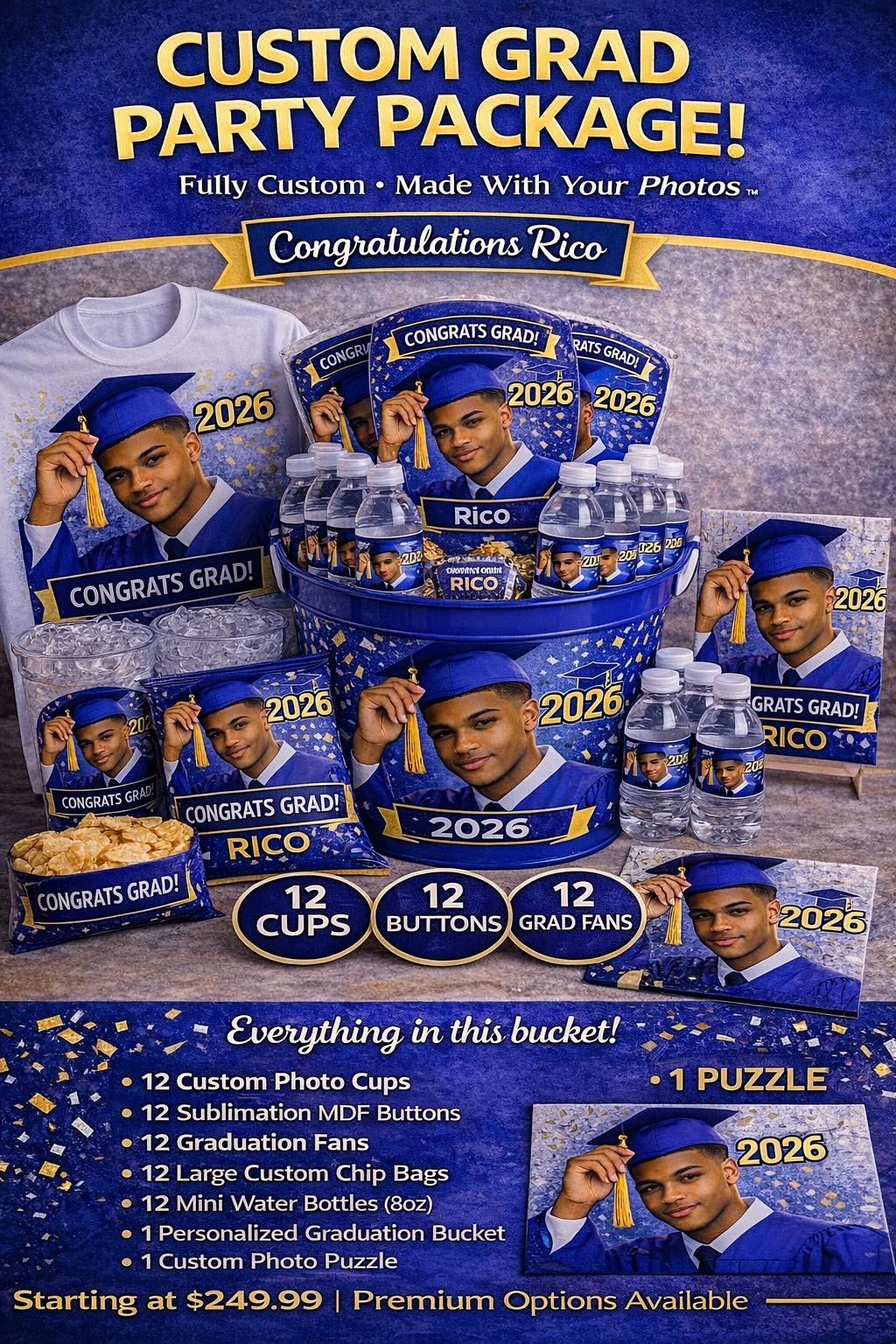 Custom Graduation Party in a Bucket™ | Personalized Grad Bundle Set (Cups, Fans, Chips, Puzzle + MORE)