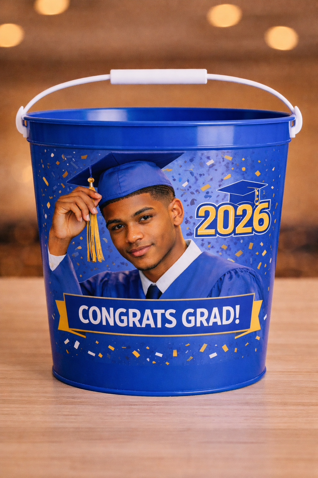Custom Graduation Party in a Bucket™ | Personalized Grad Bundle Set (Cups, Fans, Chips, Puzzle + MORE)