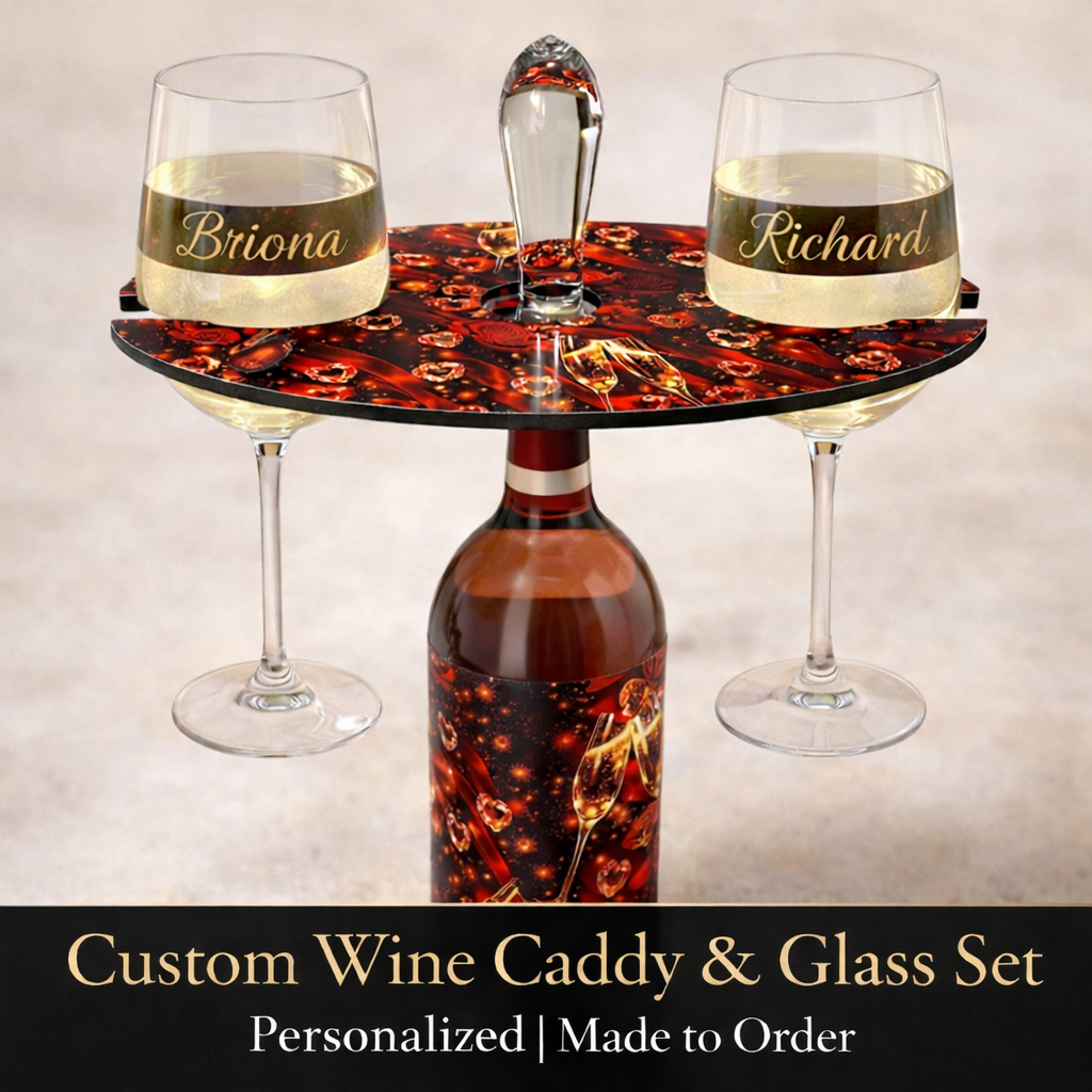 Custom wine bottle caddy with personalized gold name glasses red and gold luxury design gift set
