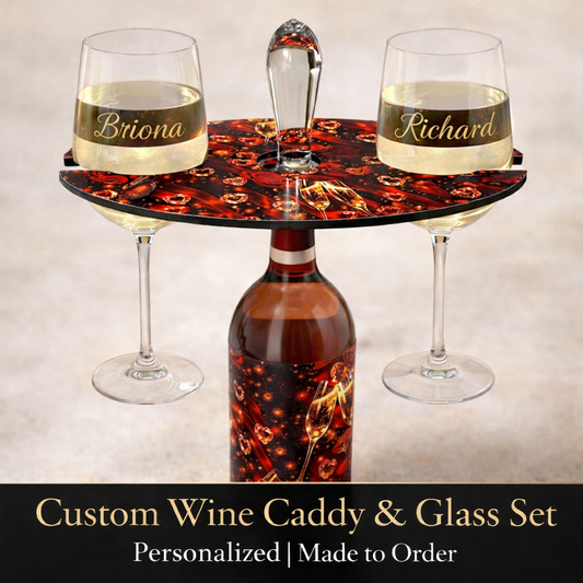 Custom wine bottle caddy with personalized gold name glasses red and gold luxury design gift set
