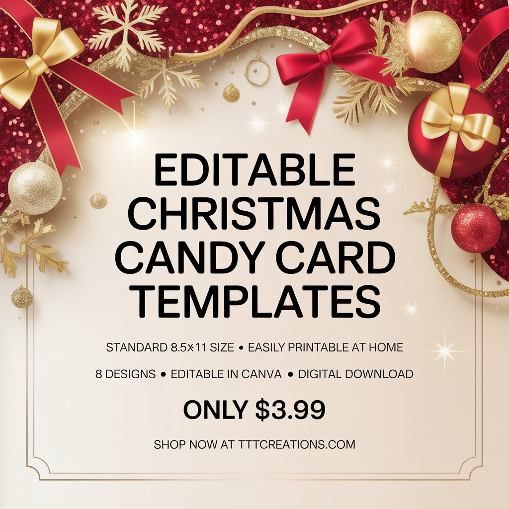 Editable Christmas Candy Card Templates – Canva Bundle | 8 Designs | 8.5×11 (Resizable) | Digital Download